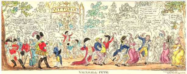 A satirical illustration by Cruikshank entitled 'Vauxhall Fete' celebrating the achievements of Wellington.